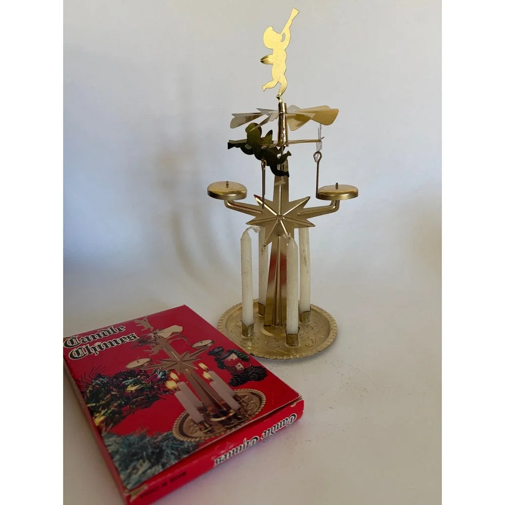 Vintage Christmas Candle Chimes Spinning Gold Angel Original Box Retro